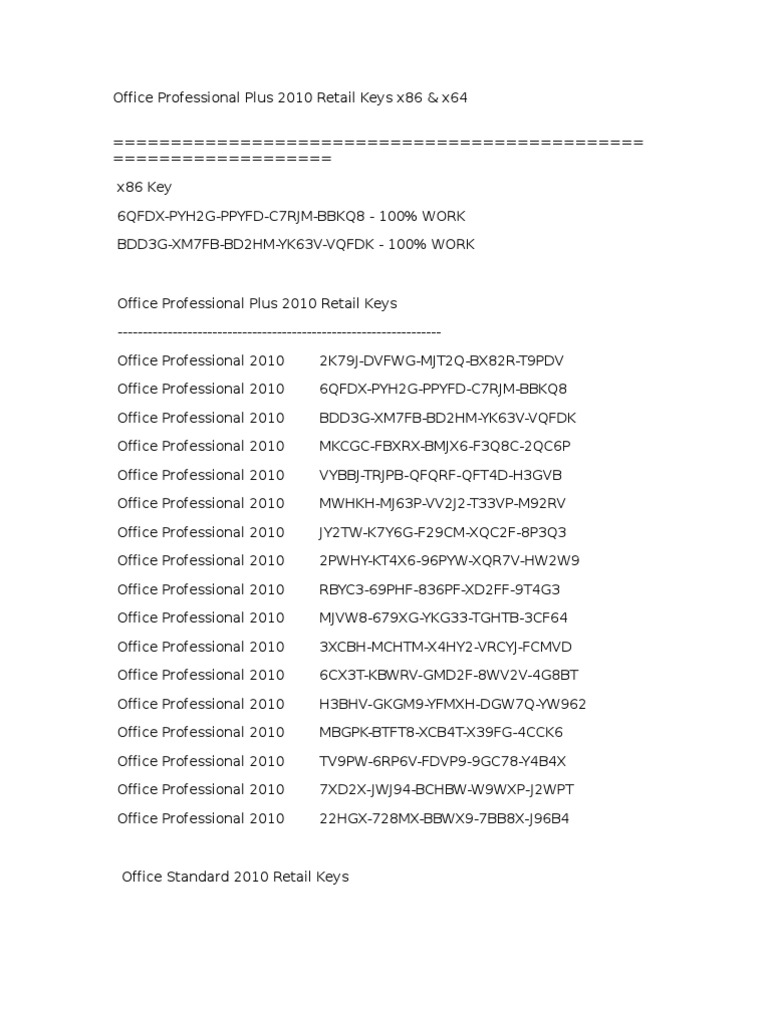 Collection of Microsoft Office 2010 Product Keys for Various Editions