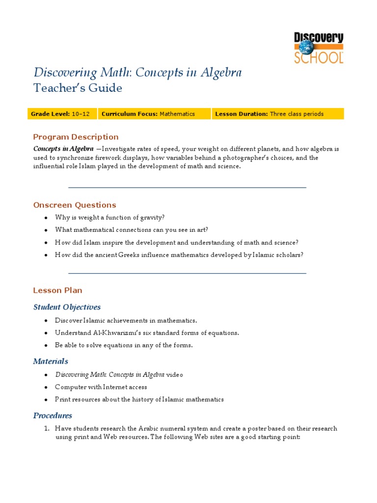 Discovering Math: Concepts in Algebra: Teacher's Guide | PDF ...