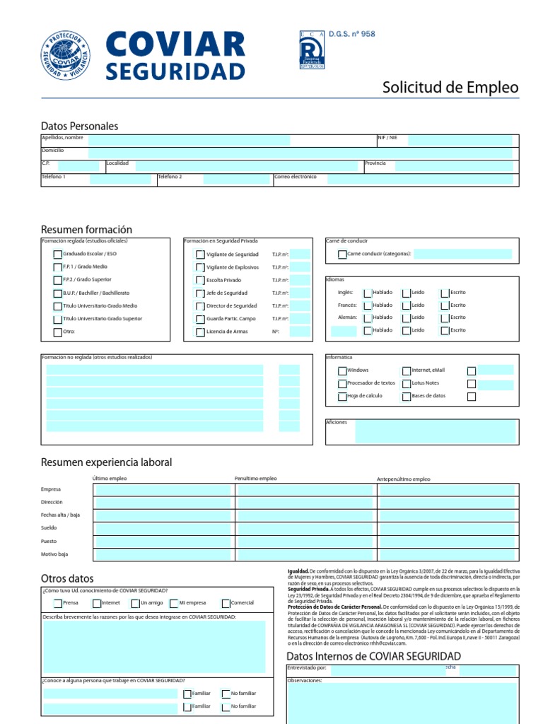 Solicitud de Empleo COVIAR | Email | Internet