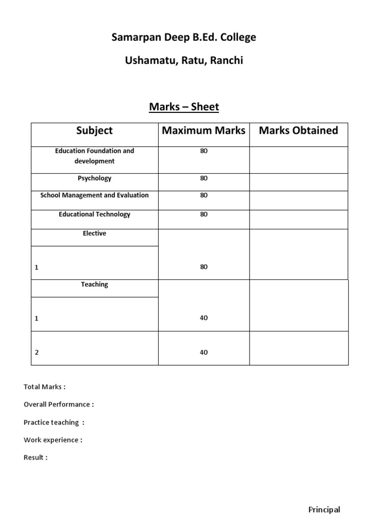 Samarpan Deep B.Ed. College Marks Sheet | PDF | Wellness