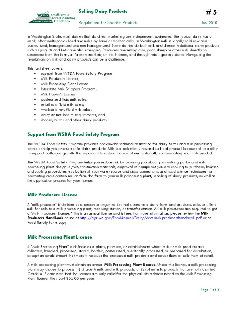 Selling Dairy Products Regulations For Specific Products PDF Dairy