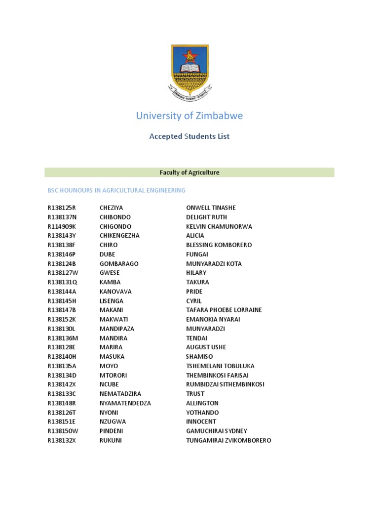 University of Zimbabwe Accepted Students 2013 | PDF