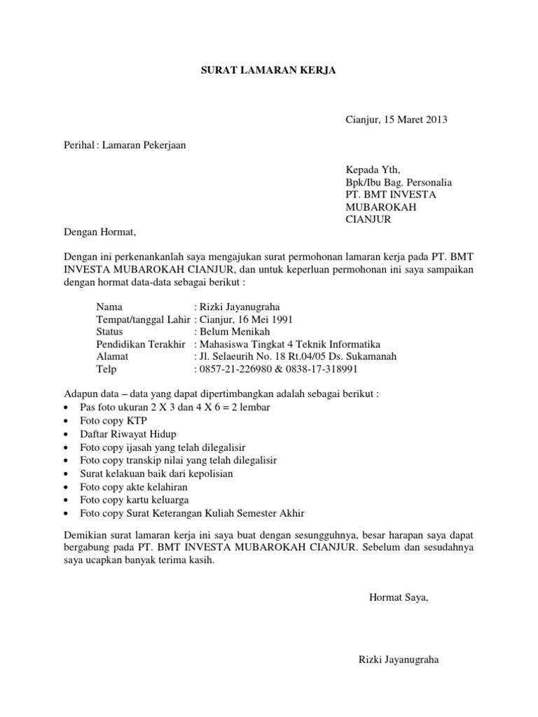 Contoh Surat Lamaran Kerja Bmt Contoh Surat Lamaran