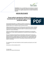 Fersa Fersa recibe la aprobación del Banco Europeo de Inversiones de una operación para la financiación de proyectos eólicos. 2010