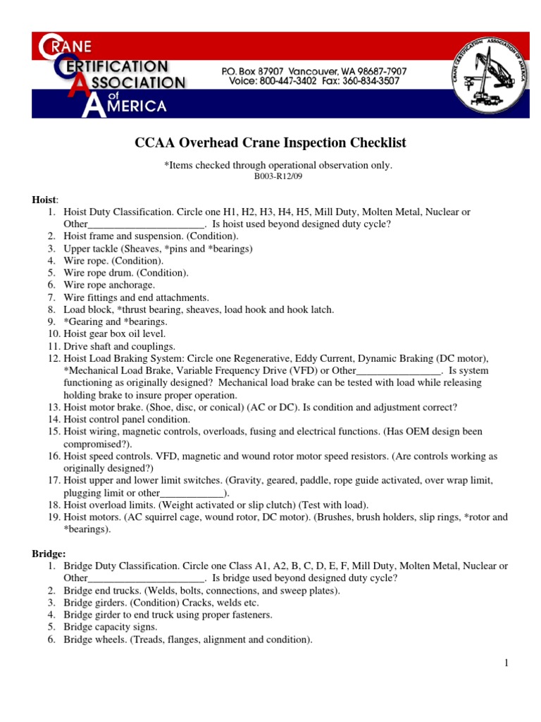 CCAA Overhead Crane Inspection Checklist | PDF | Electric Motor | Switch