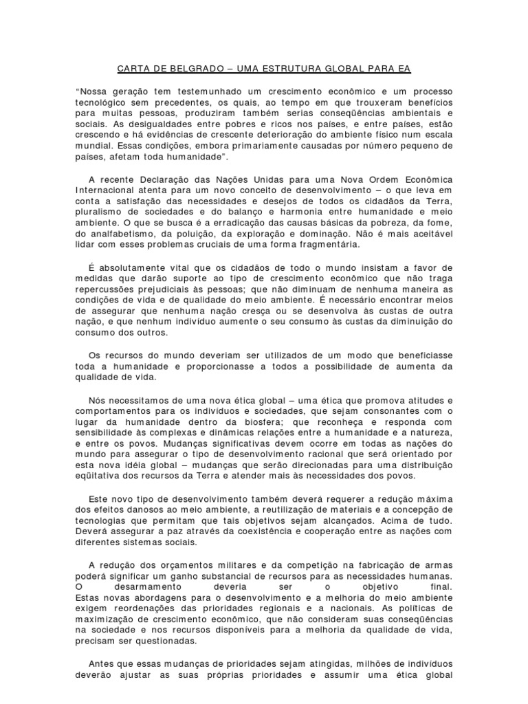 Carta de Belgrado  Economics  Natural Environment