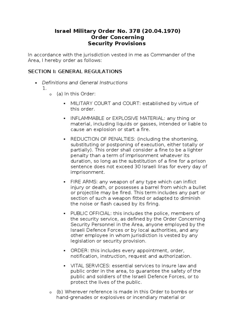 Israel Military Order No. 378 Overview | PDF | Fine (Penalty) | Court ...