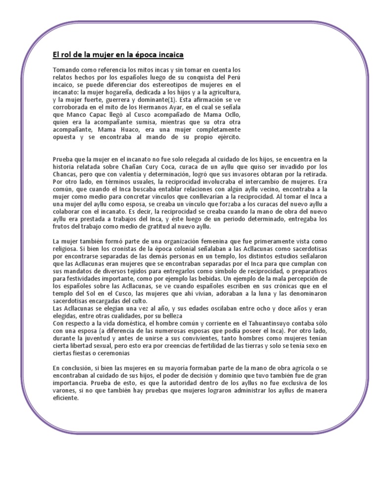 El Rol de La Mujer en La Época Incaica | PDF | Imperio Inca