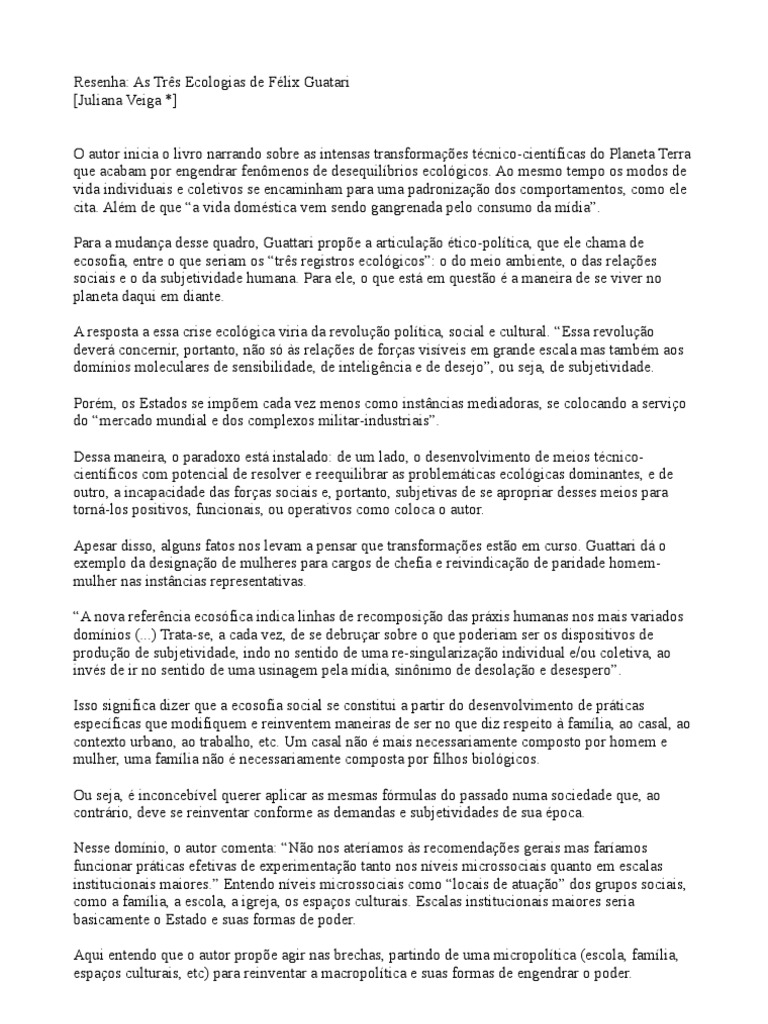 Resenha As Três Ecologias de Félix Guatari PDF Ecologia Família