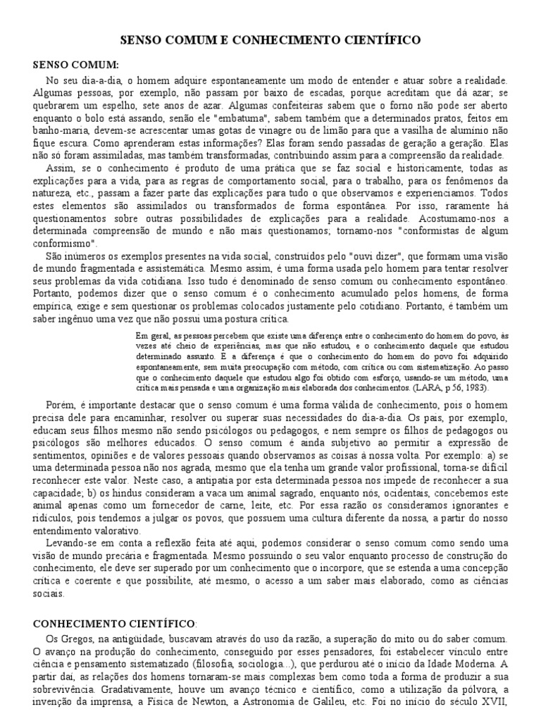 Diferenças entre Senso Comum e Científico | PDF | Science | Conhecimento