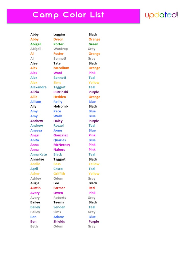 Camp Color List by Name and Color | PDF
