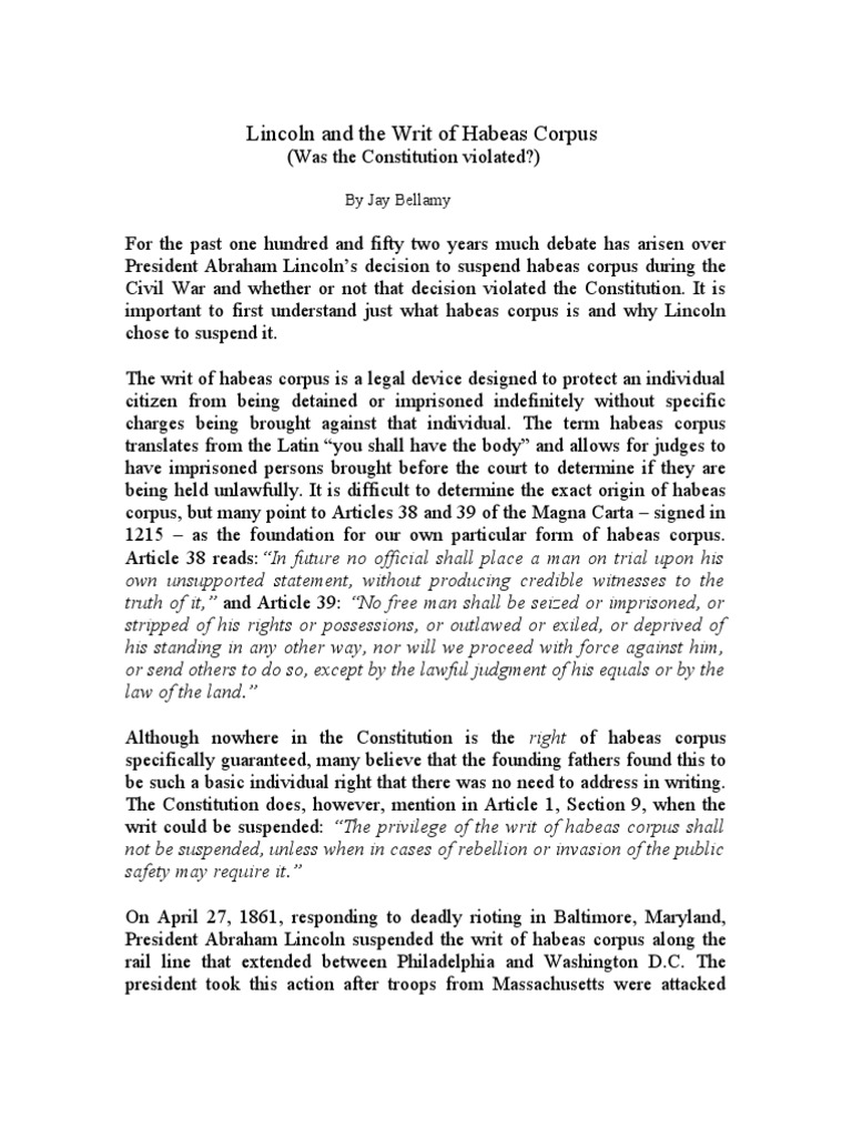 Lincoln and the Writ of Habeas Corpus Roger B. Taney Habeas Corpus