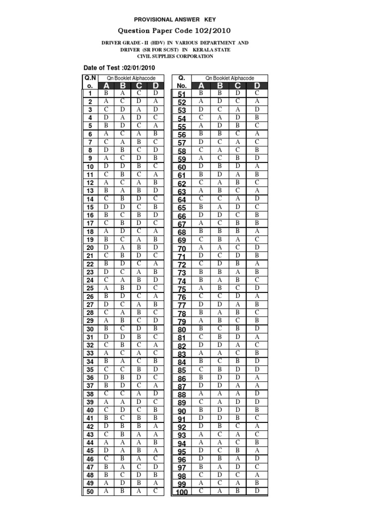 Driver Grade II Exam Answer Key | PDF