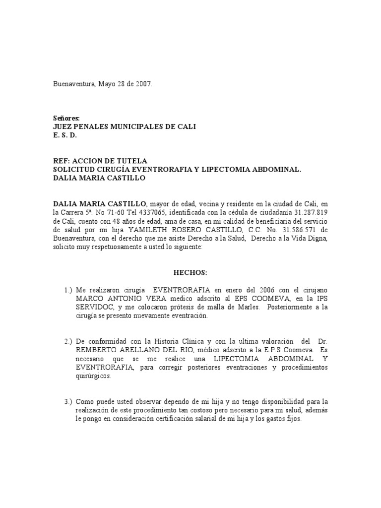 Tutela para Cirugía de Eventración y Lipectomía | PDF | Cuidado de ...