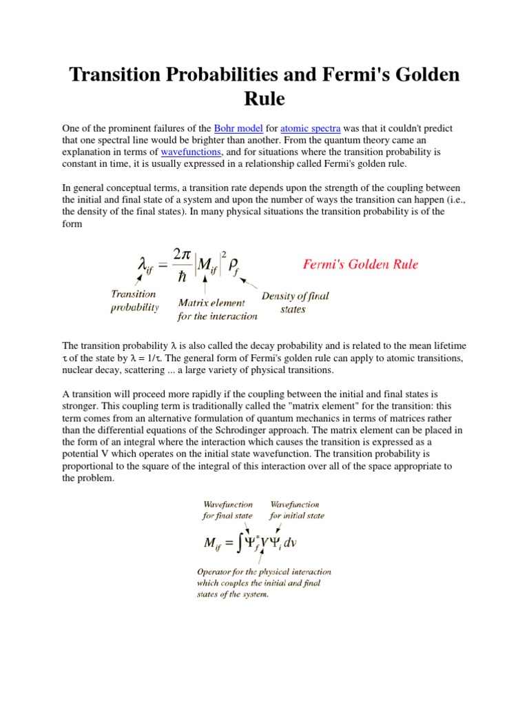 Transition Probabilities and Fermi's Rule | PDF | Markov Chain | Wave ...
