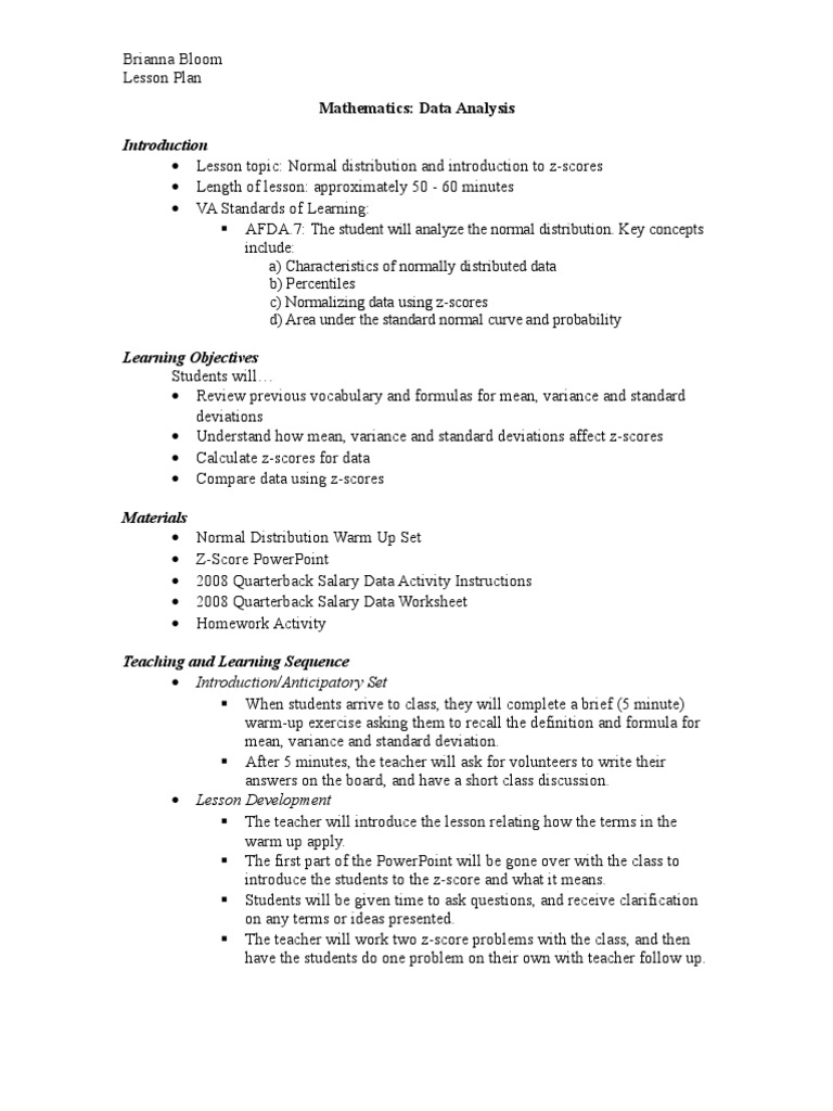 worksheet Z-score Worksheet data analysis lesson plan normal distribution standard score
