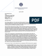 Tim Geithner Letter To Elizabeth Warren On The State of Funds Provided To The Treasury Under The Emergency Economics Stabilization Act