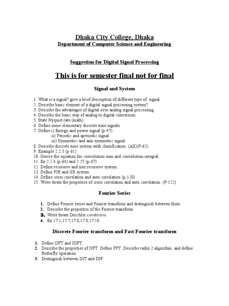 Digital Signal Processing Questions PDF