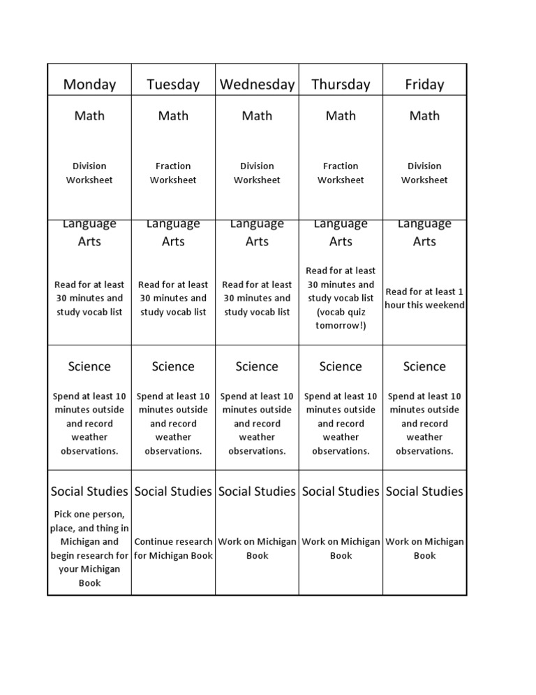 Weekly Homework Schedule Template | PDF