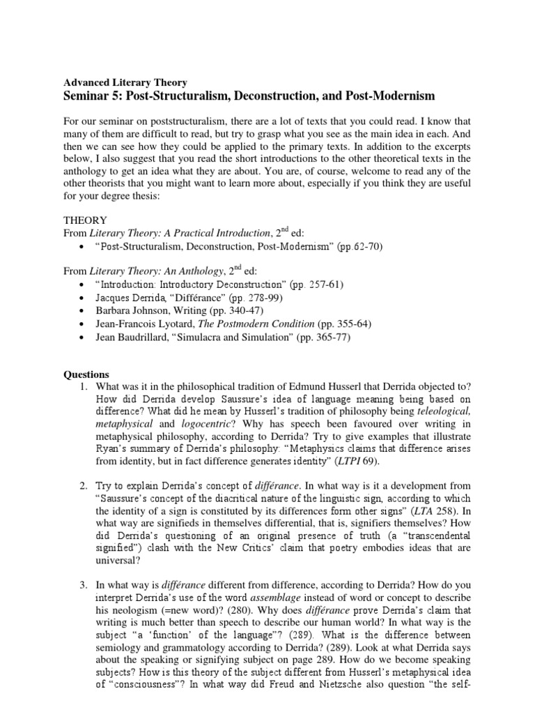 Seminar 5 PostStructuralism, Deconstruction and PostModernism Questions Deconstruction