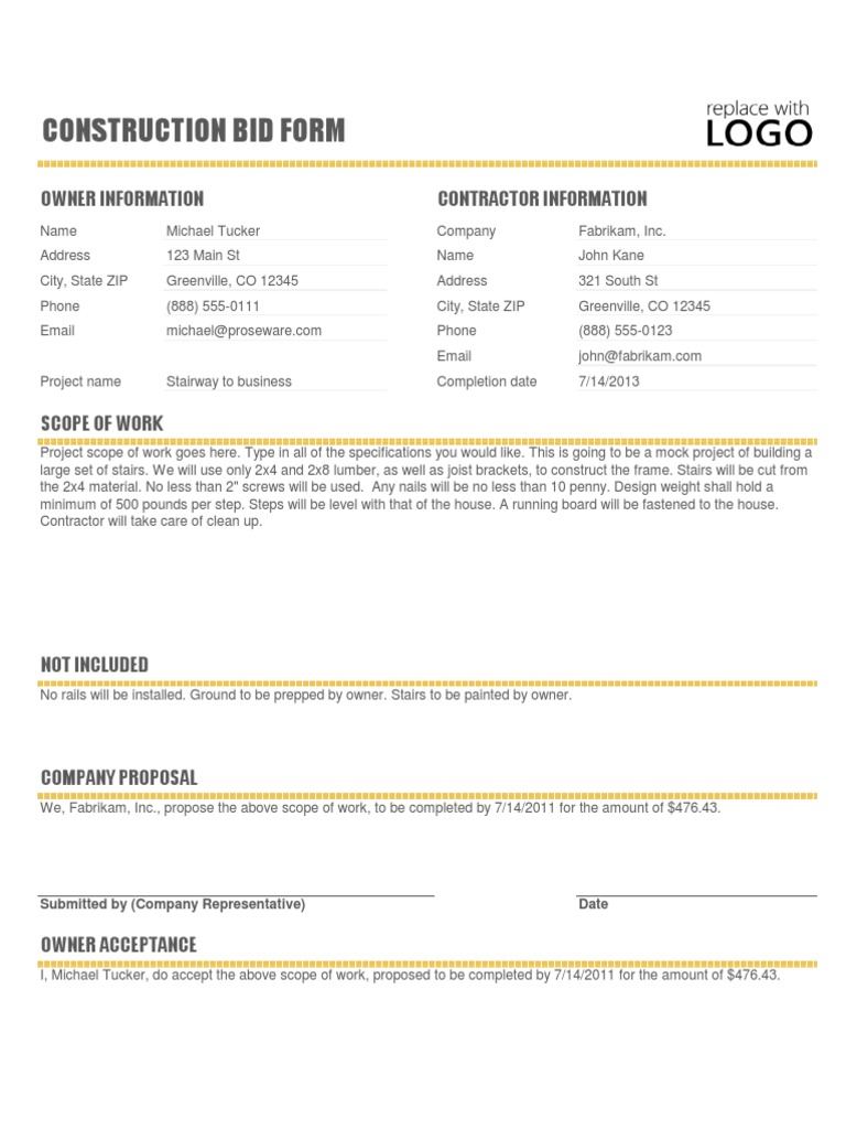 Construction Bid Form: Owner Information Contractor Information | PDF | Law