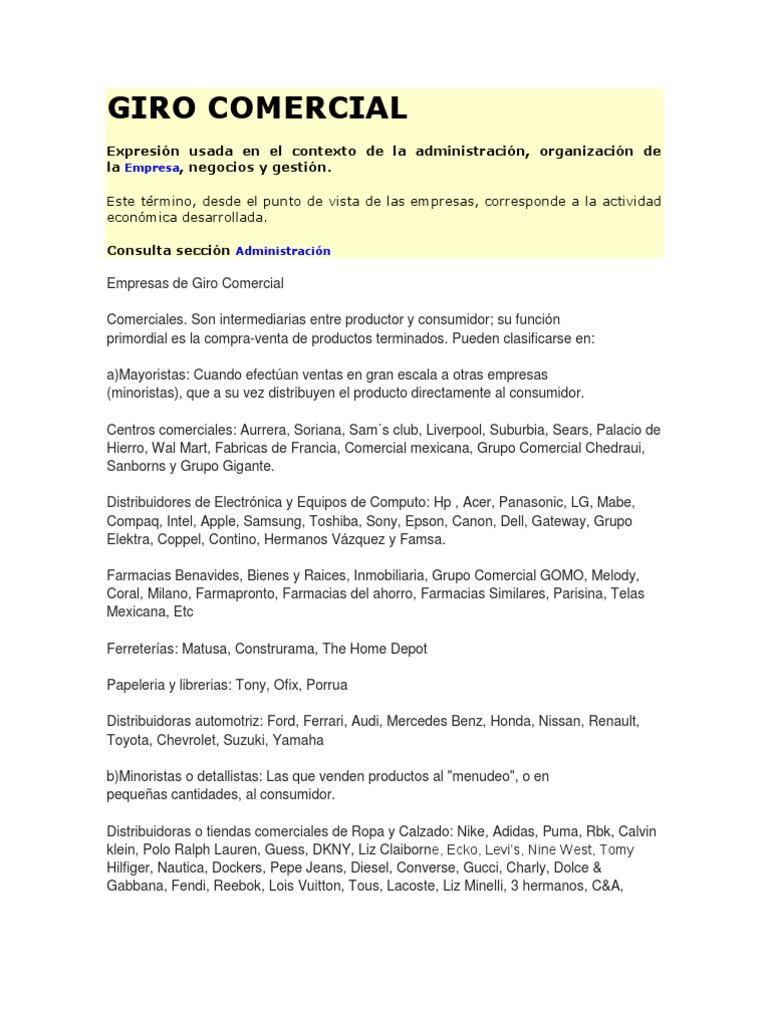Giro Comercial Minoristas Al por menor