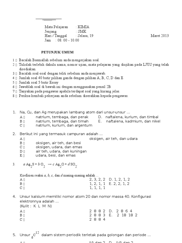 Soal Uas Kimia Smk