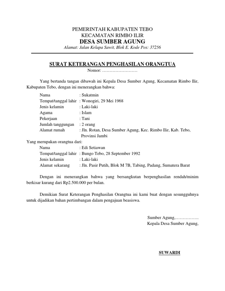 Contoh Surat Penghasilan Orangtua Pdf