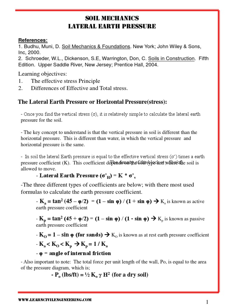 Lateral Earth Pressure Coefficients Explained | PDF | Pressure | Soil