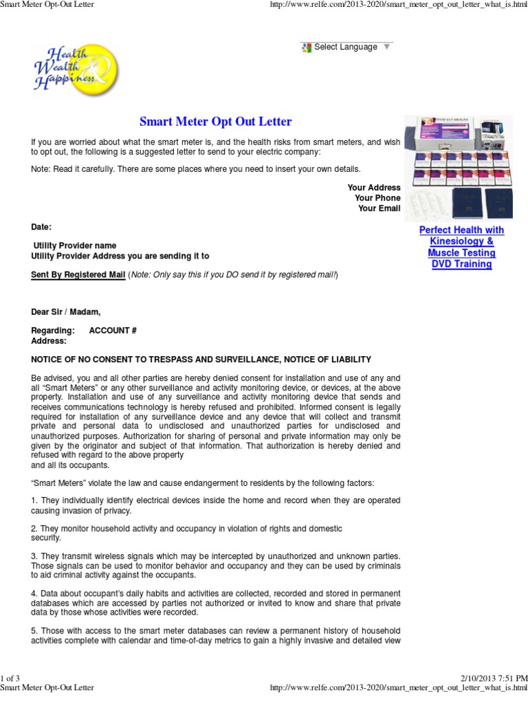 Smart Meter OptOut Letter Surveillance Telephone Tapping