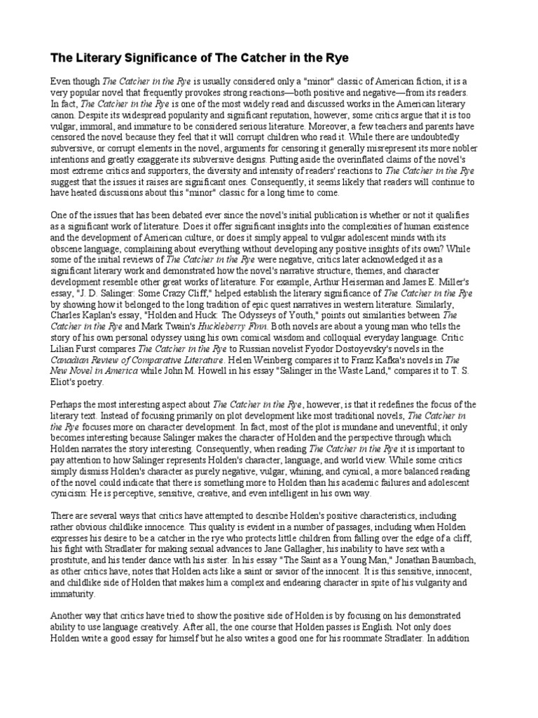 Critical Article the Literary Significance of the Catcher in the Rye