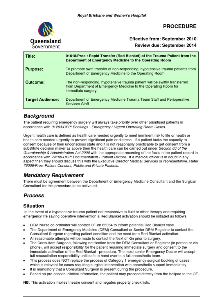 Red Blanket Protocol RBWH Download Free PDF Emergency Department Surgery