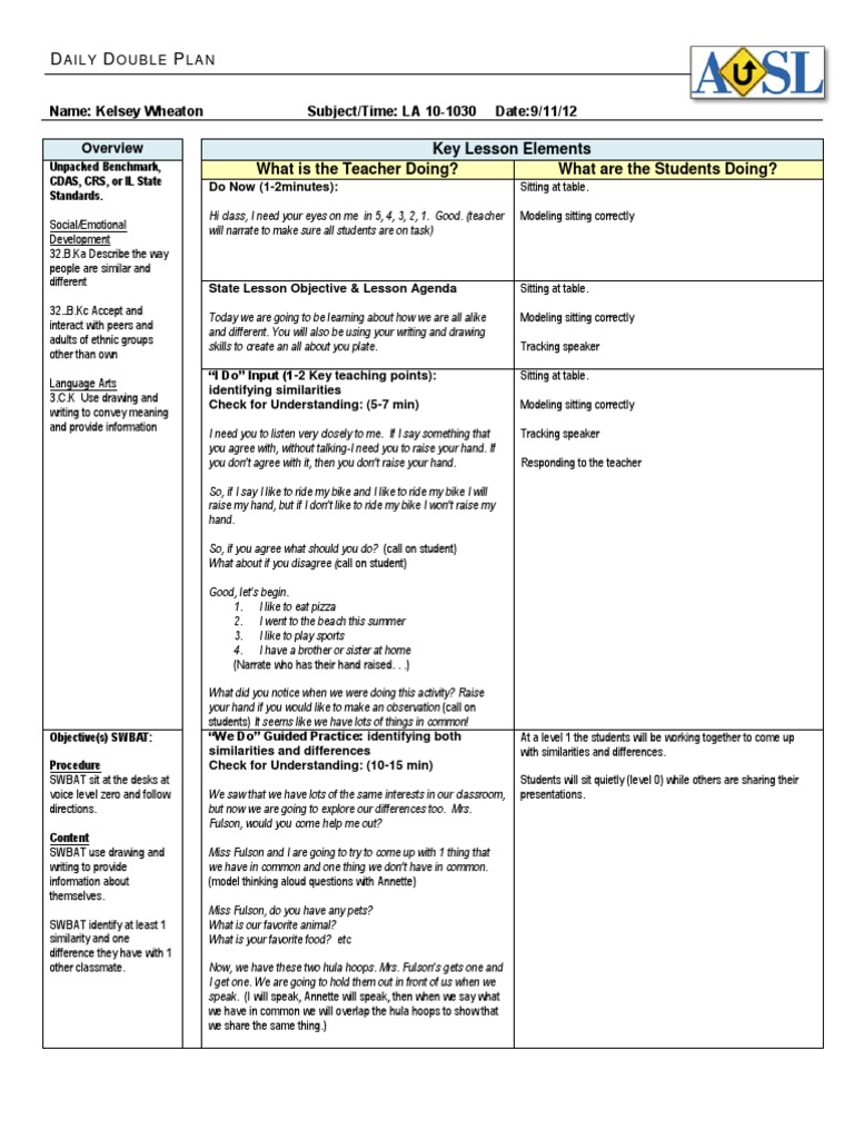 Daily Double Lesson Plan: Similarities & Differences | PDF | Classroom ...