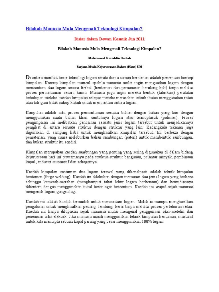 Bilakah Manusia Mula Mengenali Teknologi Kimpalan Pdf