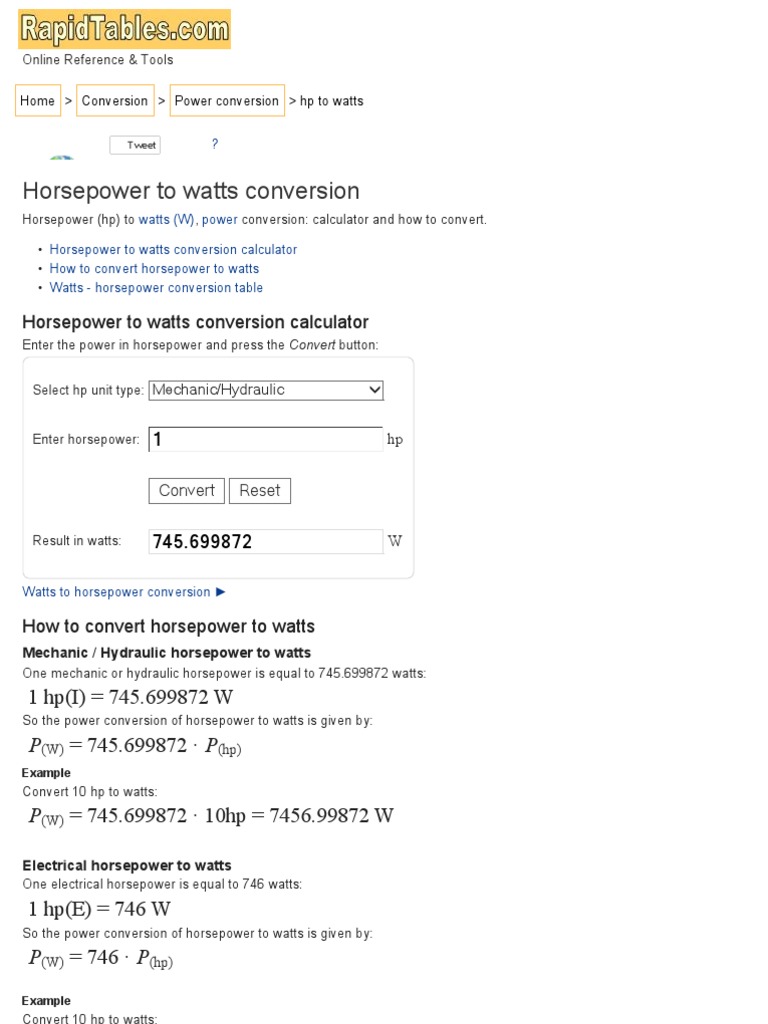 HP To Watt PDF Horsepower Watt
