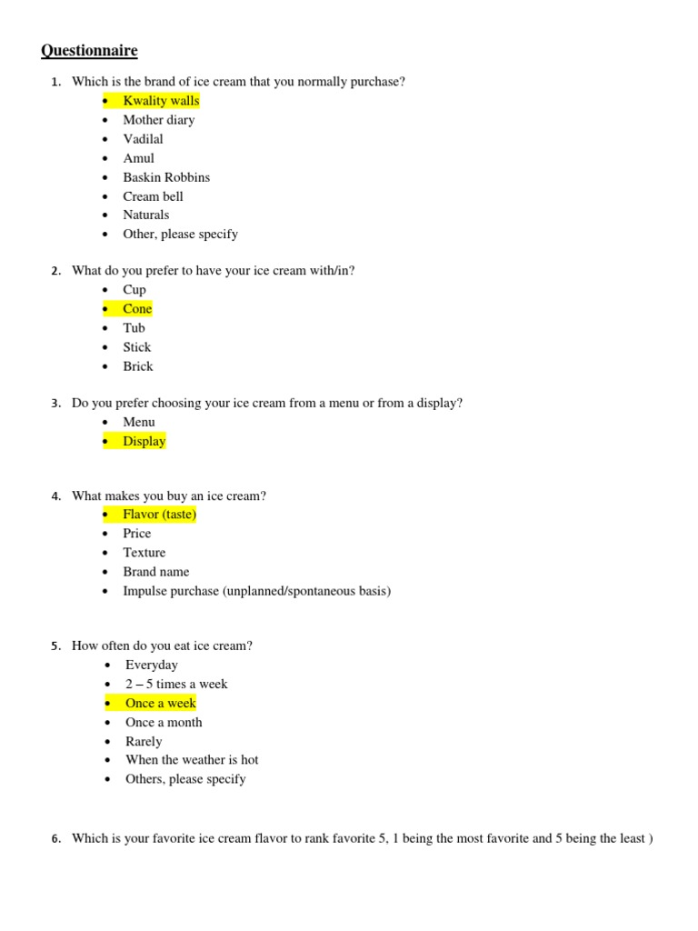 Questionnaire of Ice Cream Survey Ice Cream Cream Free 30day