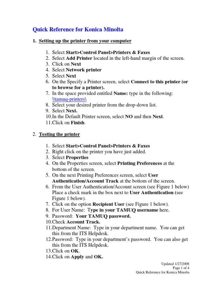 Quick Reference For Konica Minolta 1. Setting Up The Printer From Your