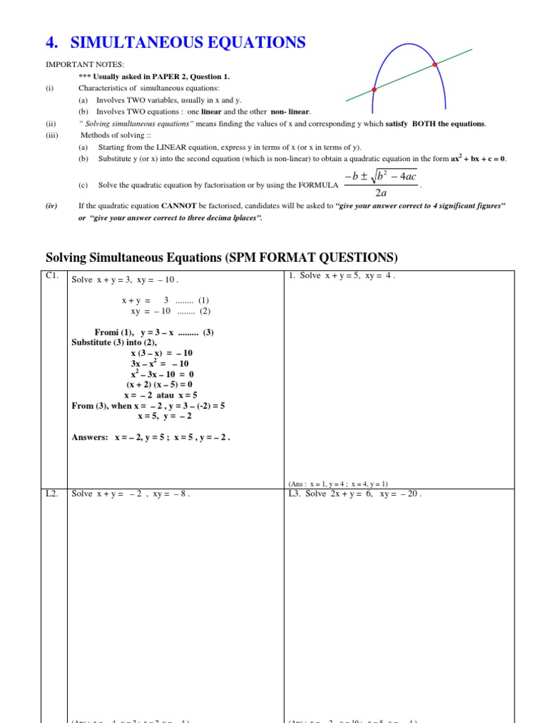F4 Simultaneous Equations Quadratic Equation Mathematical Sciences