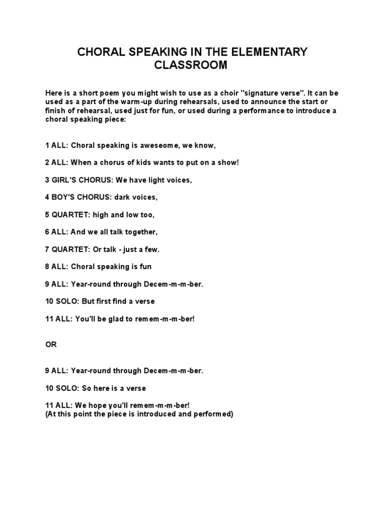Choral Speaking Tips PDF Human Voice Choir