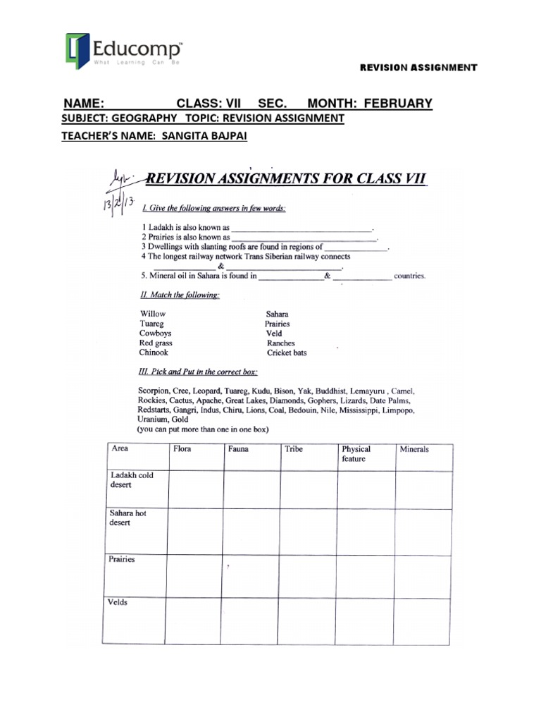 Geography Revision Assignment for Class VII | PDF