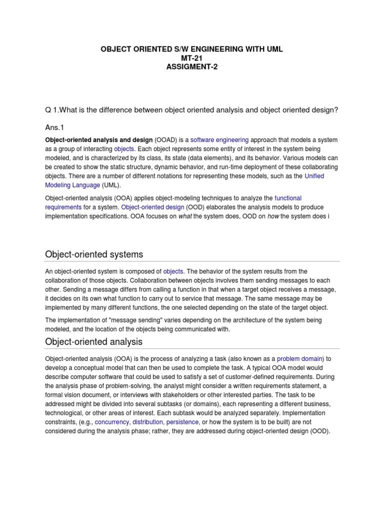Q 1.what Is The Difference Between Object Oriented Analysis and Object ...