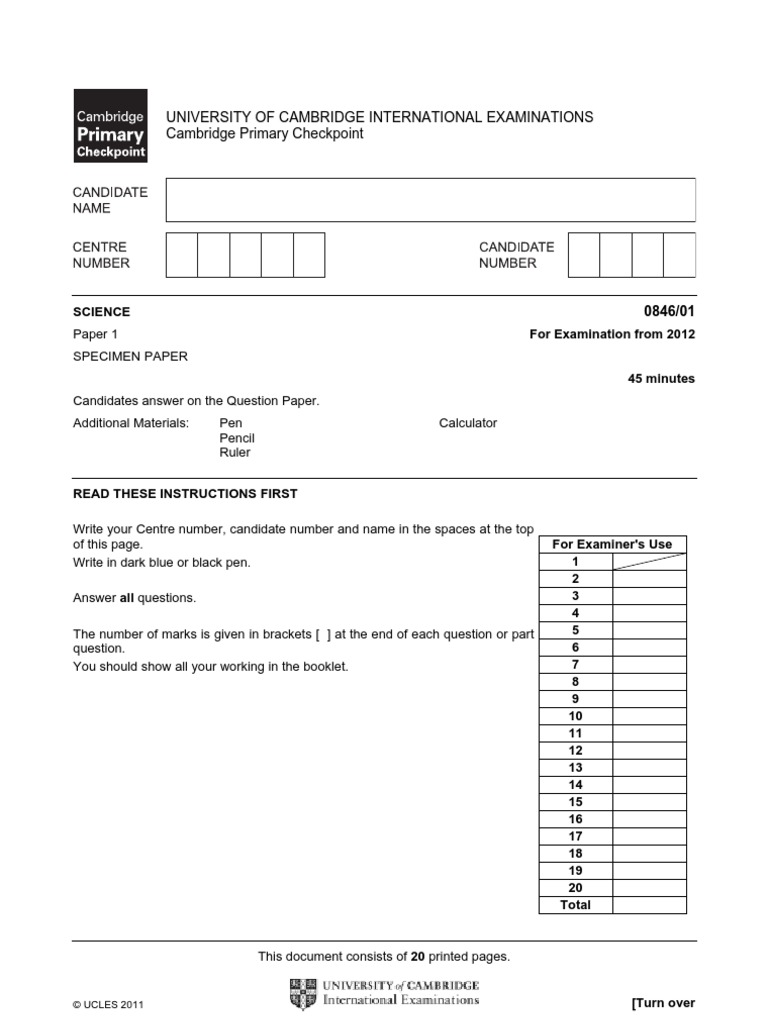 cambridge primary checkpoint science p1 specimen 2012
