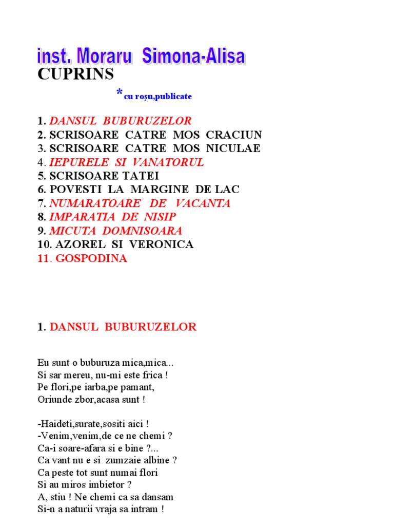 Cuprins Dansul Buburuzelor