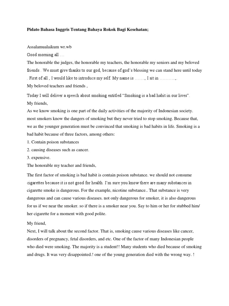 Pidato Bahasa Inggris Tentang Bahaya Rokok Bagi Kesehatan Tobacco Smoking Addiction