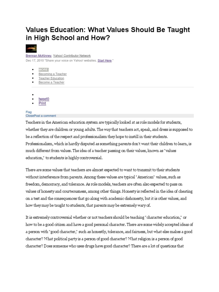 Values Education What Values Should Be Taught in High School and How? PDF Value (Ethics