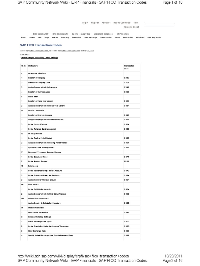 SAP FICO Transaction Codes Guide | PDF