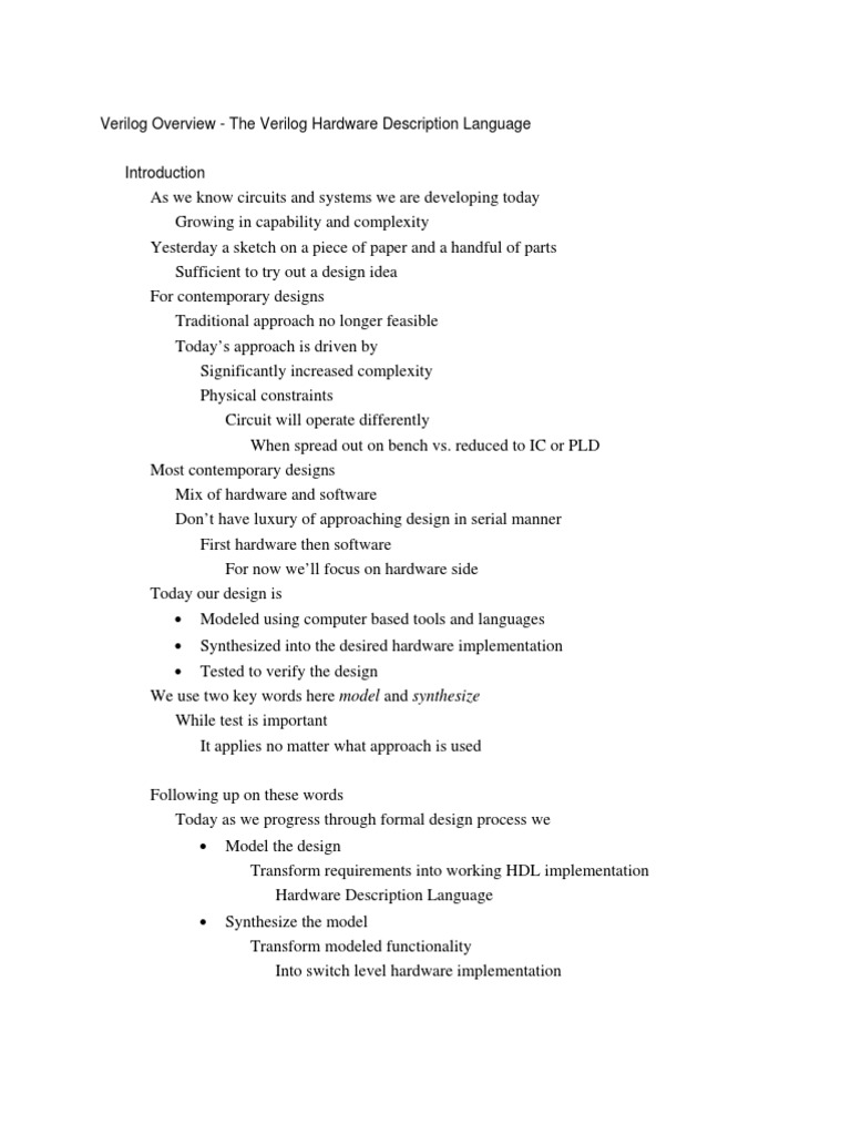 Verilog Overview The Verilog Hardware Description Language PDF