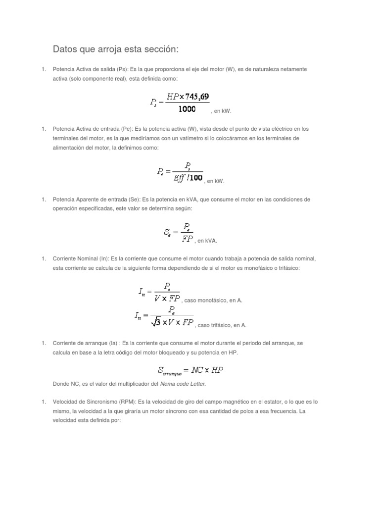 Cálculo de Potencia y Corriente en Motores | PDF | Motor eléctrico ...