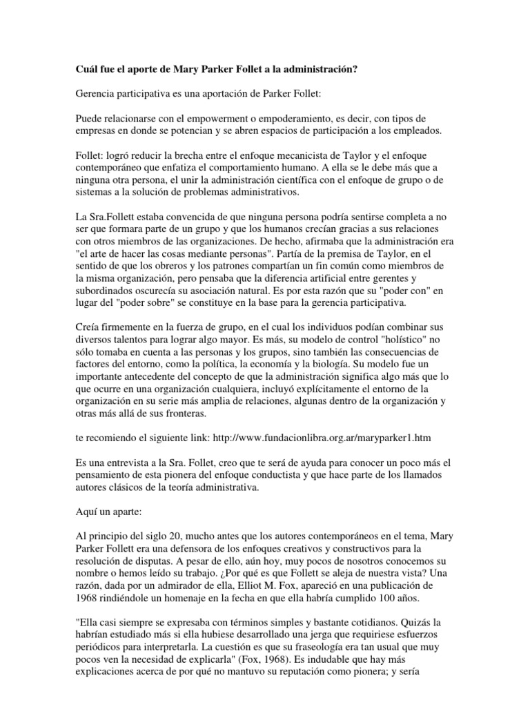 Cuál fue el aporte de Mary Parker Follet a la