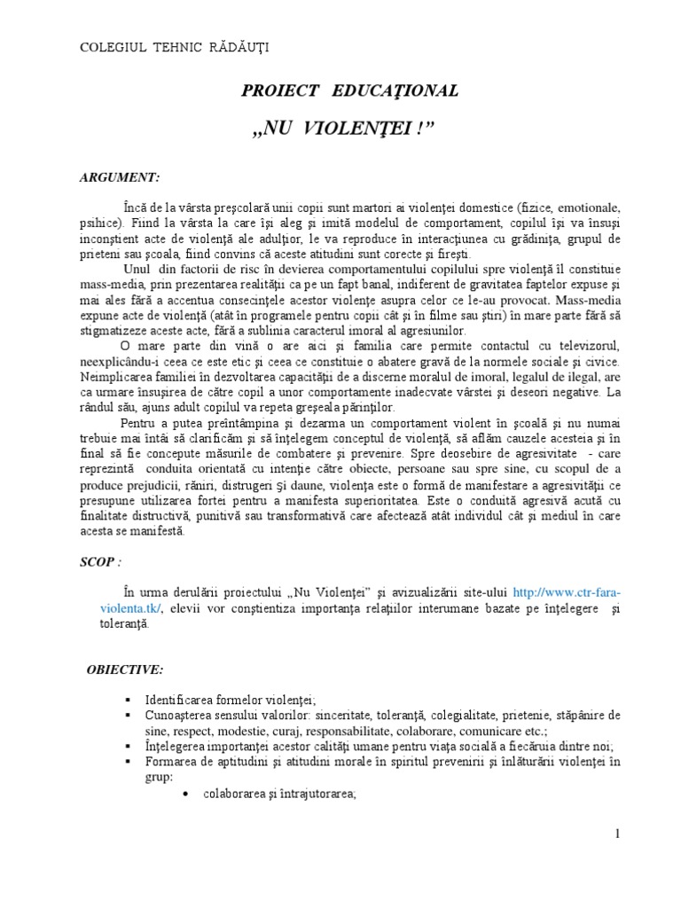 Proiect Educational Nu Violentei | PDF